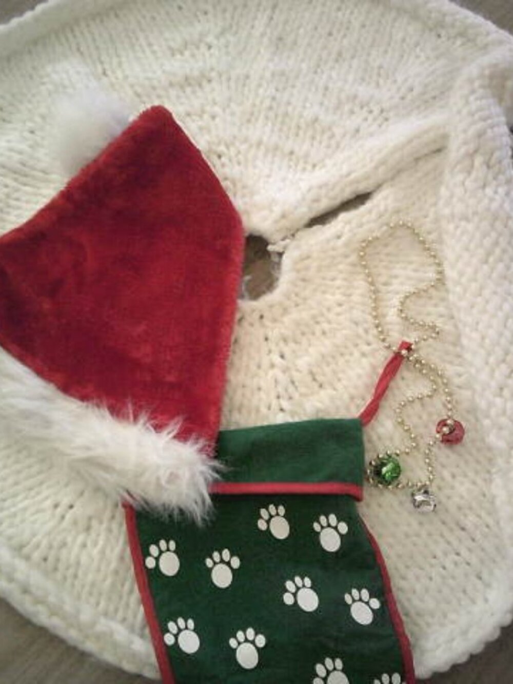 CHRISTMAS LOT WHITE ANGORA TREE SKIRT SANTA HAT PUPPY PAWS STOCKING & JINGLE BEL